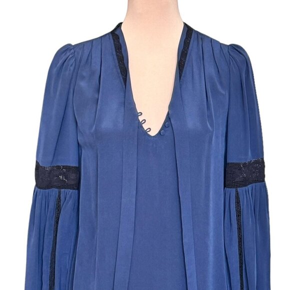 Joie Boho Silk Shift Mini Dress Sz.S Blue Lace Tie Neck Bell Sleeve Whimsigoth - Picture 2 of 14